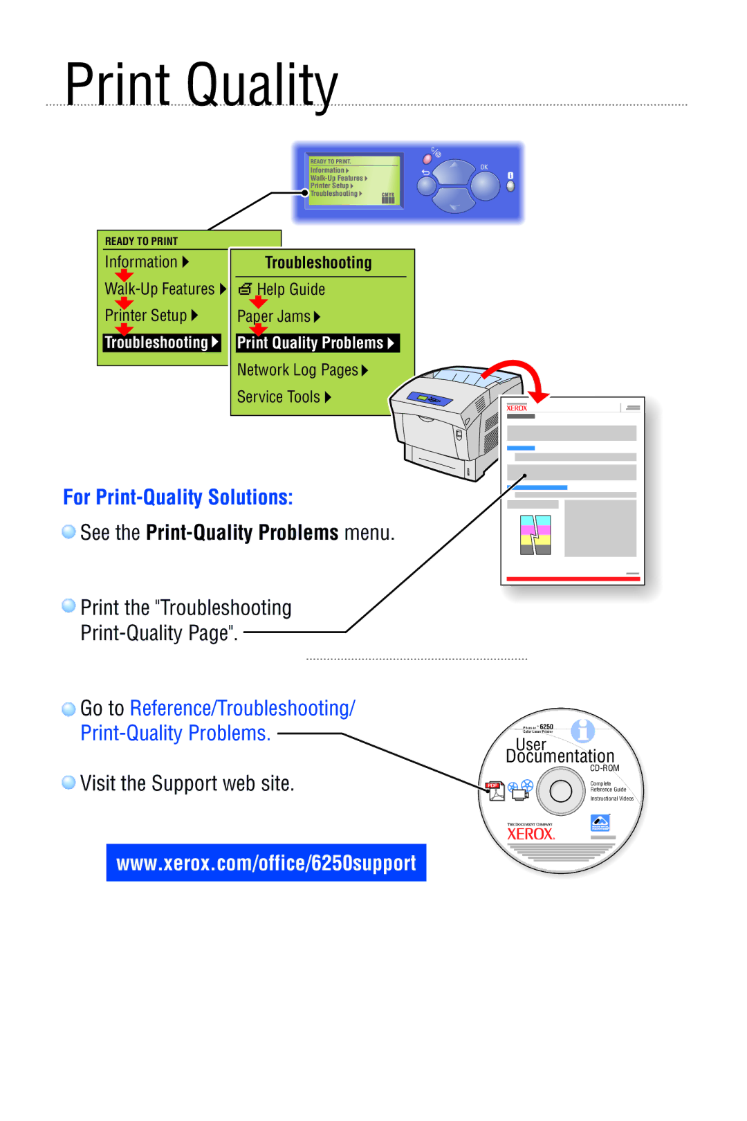 Xerox 6250 manual Print Quality, For Print-Quality Solutions, Go to Reference/Troubleshooting Print-Quality Problems 