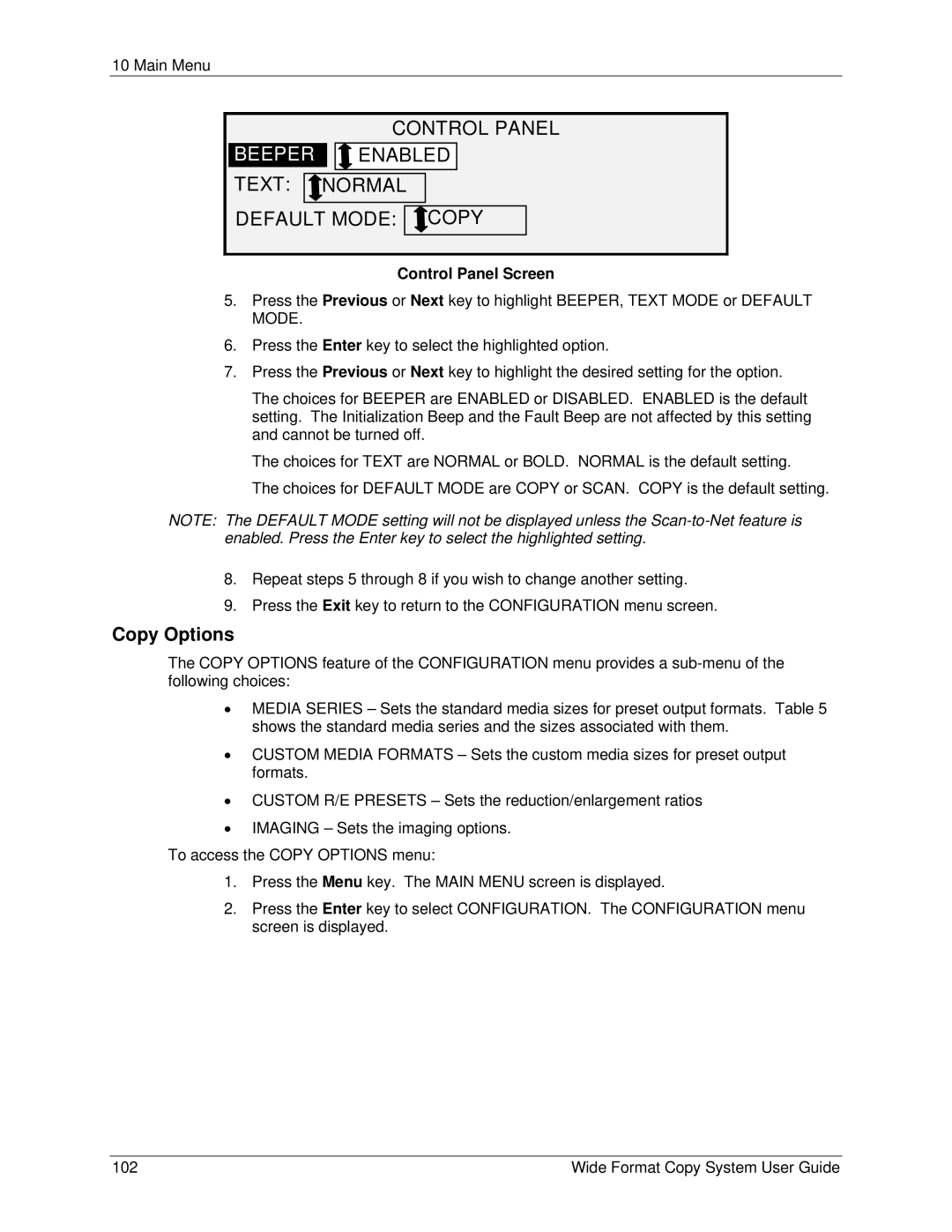 Xerox 6279, 5101 manual Control Panel Beeper Enabled Text Normal Default Mode Copy, Copy Options, Control Panel Screen 