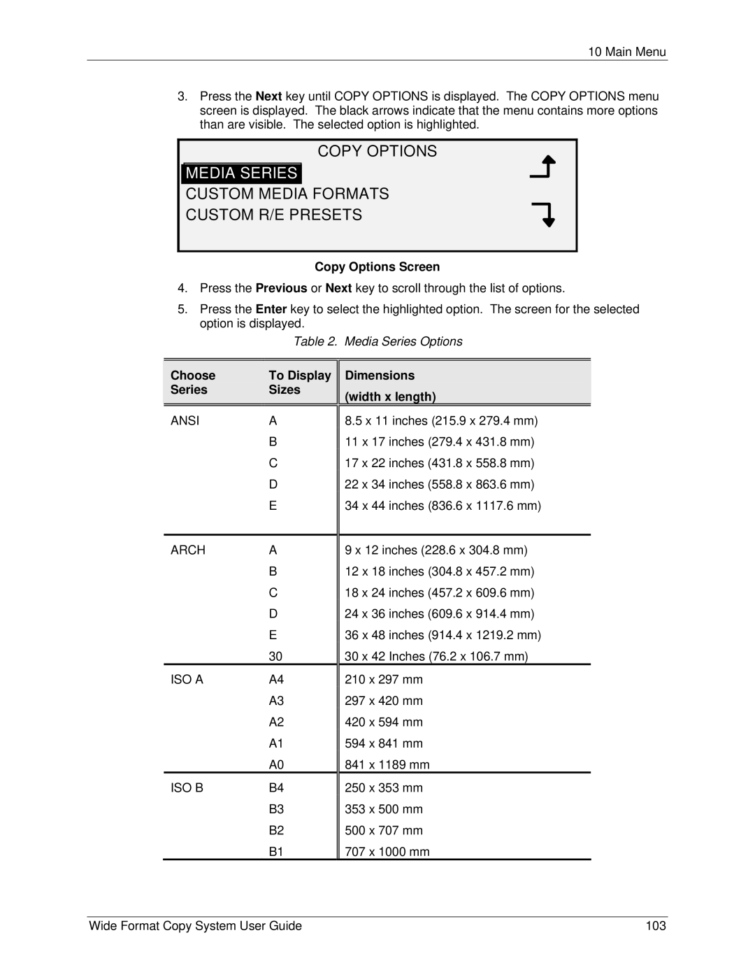 Xerox 5101 Media Series, Custom Media Formats Custom R/E Presets, Copy Options Screen, Choose To Display Series Sizes 