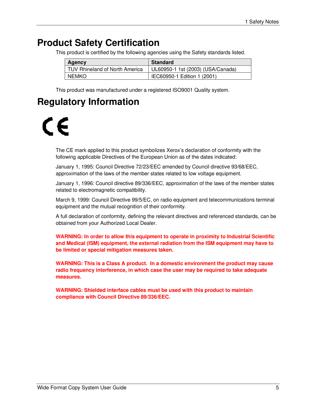 Xerox 5101, 6279 manual Product Safety Certification, Regulatory Information, Agency Standard 