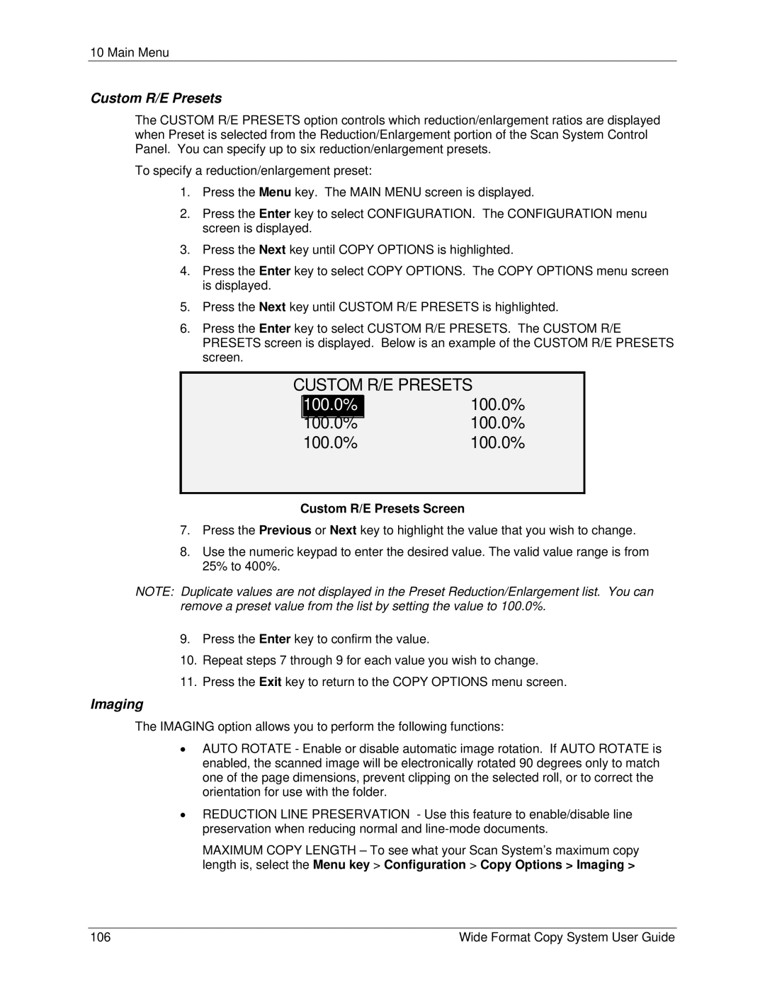 Xerox 6279, 5101 manual Imaging, Custom R/E Presets Screen 