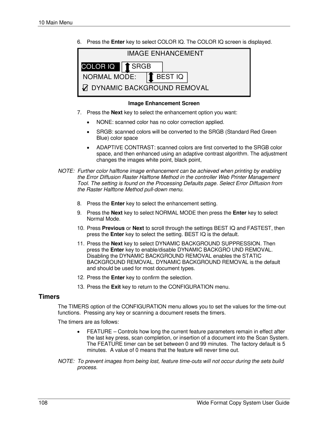 Xerox 6279, 5101 manual Image Enhancement, Color IQ, Timers 