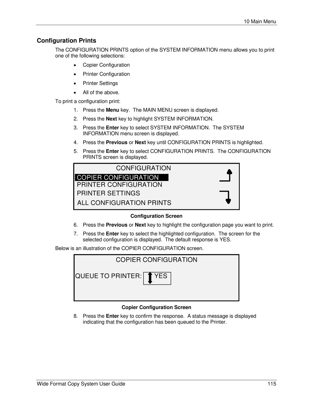 Xerox 5101, 6279 manual Copier Configuration Queue to Printer YES, Configuration Prints, Copier Configuration Screen 