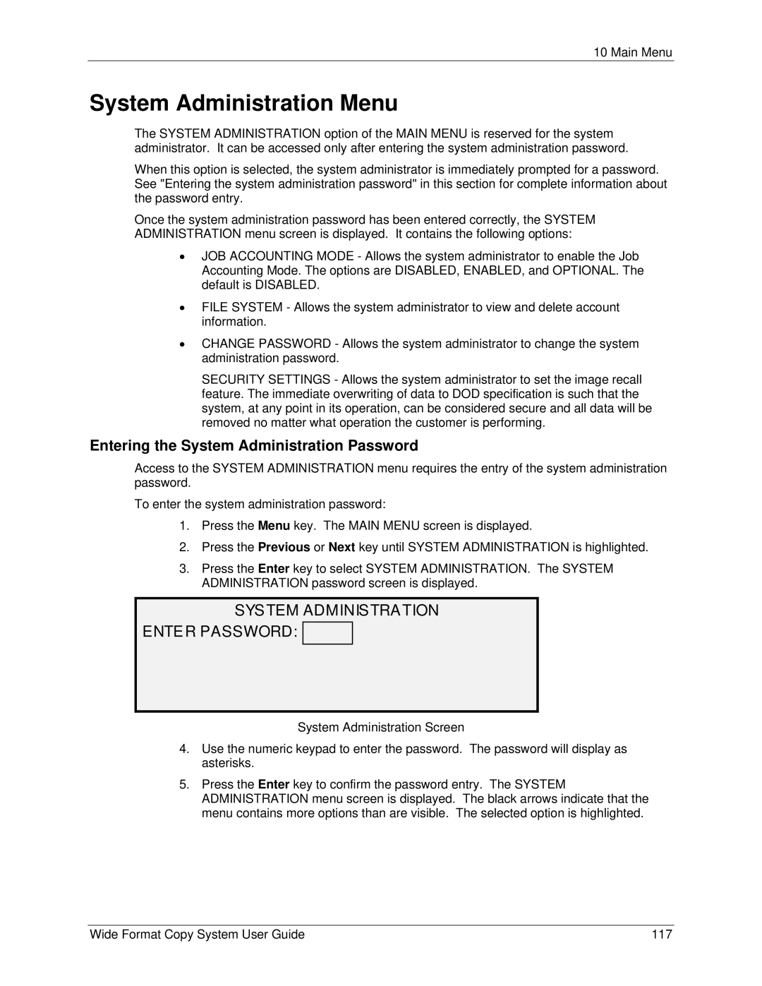 Xerox 5101 System Administration Menu, System Administration Enter Password, Entering the System Administration Password 