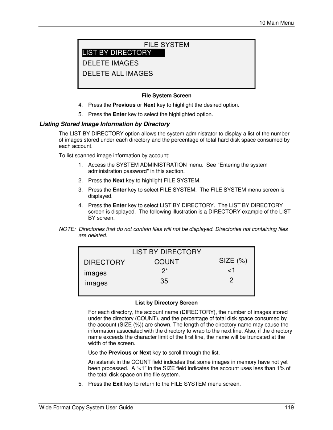 Xerox 5101, 6279 manual File System, List by Directory, Delete Images Delete ALL Images, Directory Count 