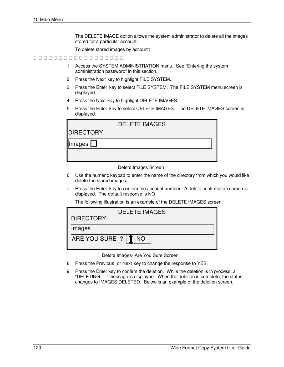 Xerox 6279, 5101 manual Delete Images Directory, Deleting Stored Images by Directory, Delete Images Screen 