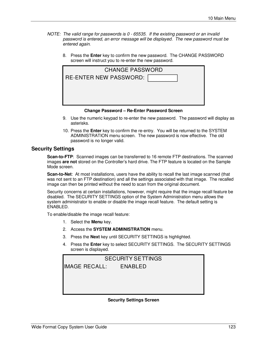 Xerox 5101, 6279 manual Change Password RE-ENTER NEW Password, Security Settings Image Recall Enabled 