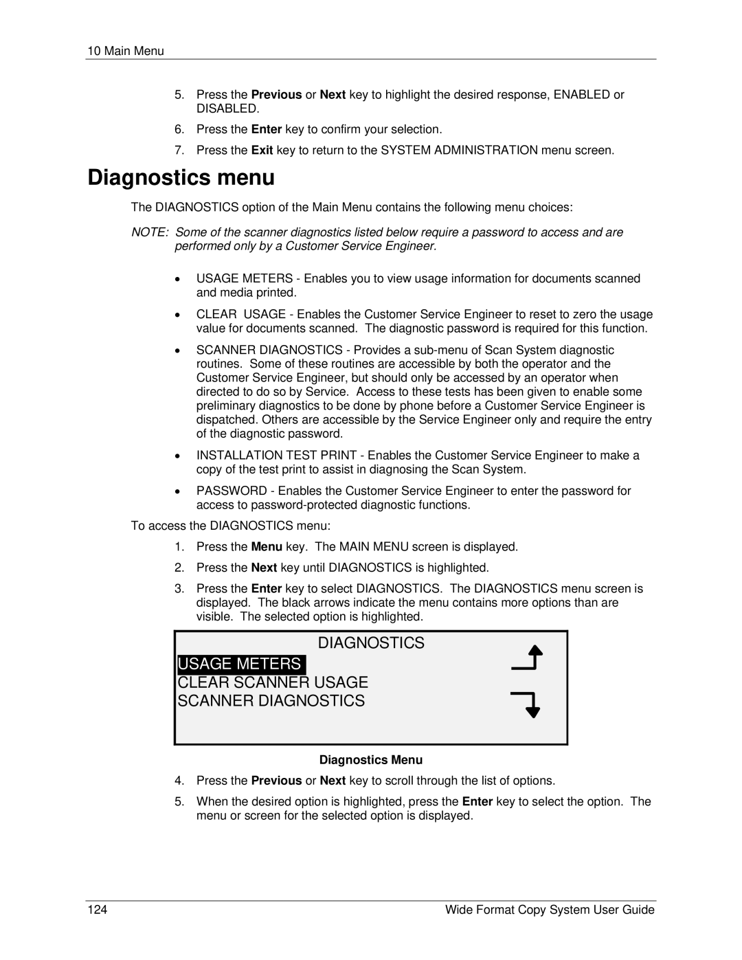 Xerox 6279, 5101 manual Diagnostics menu, Usage Meters, Clear Scanner Usage Scanner Diagnostics, Diagnostics Menu 