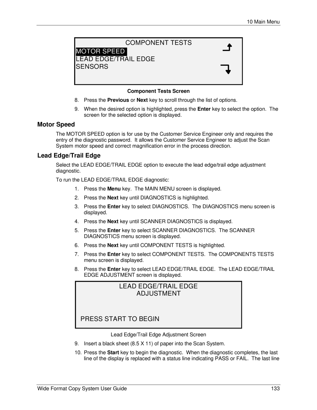 Xerox 5101, 6279 manual Component Tests, Motor Speed, Lead EDGE/TRAIL Edge Sensors 