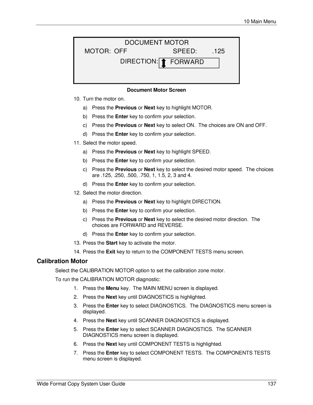 Xerox 5101, 6279 manual Document Motor Motor OFF Speed, Direction Forward, Calibration Motor, Document Motor Screen 