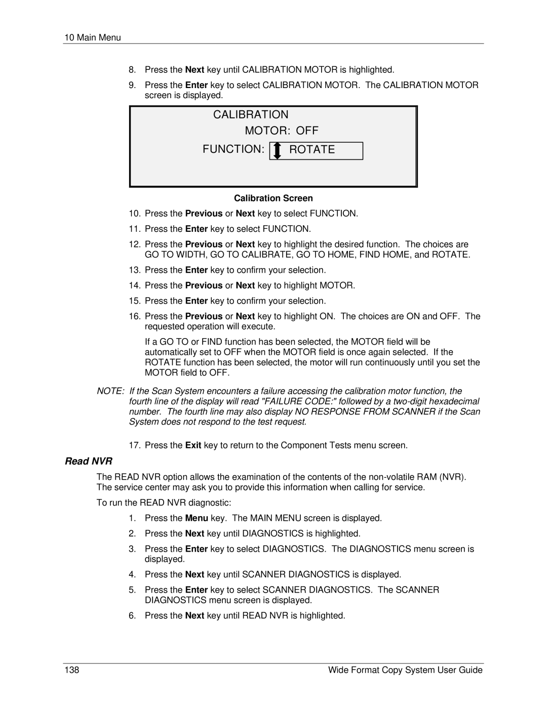 Xerox 6279, 5101 manual Calibration Motor OFF Function Rotate, Read NVR, Calibration Screen 