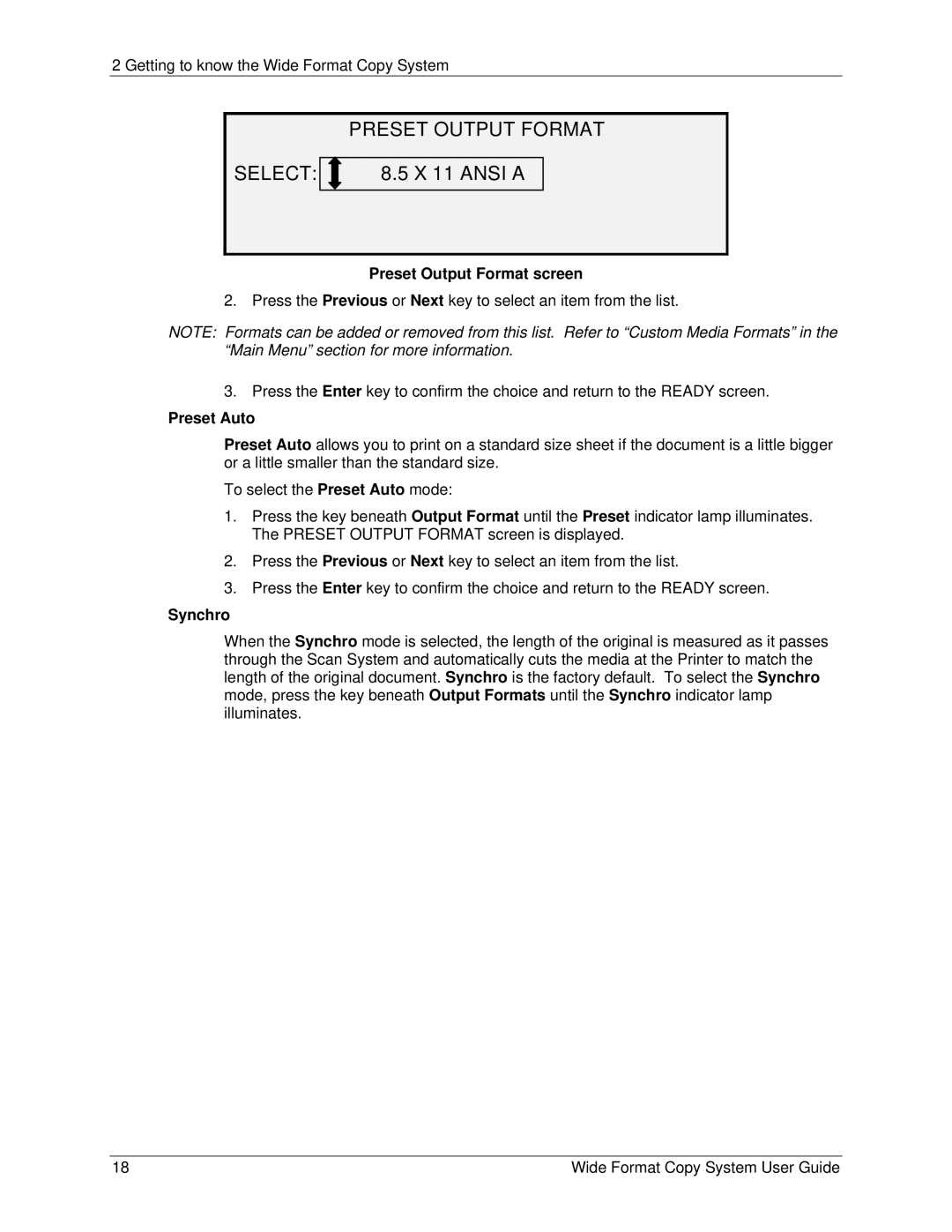 Xerox 6279, 5101 manual Preset Output Format Select, Preset Output Format screen, Preset Auto, Synchro 