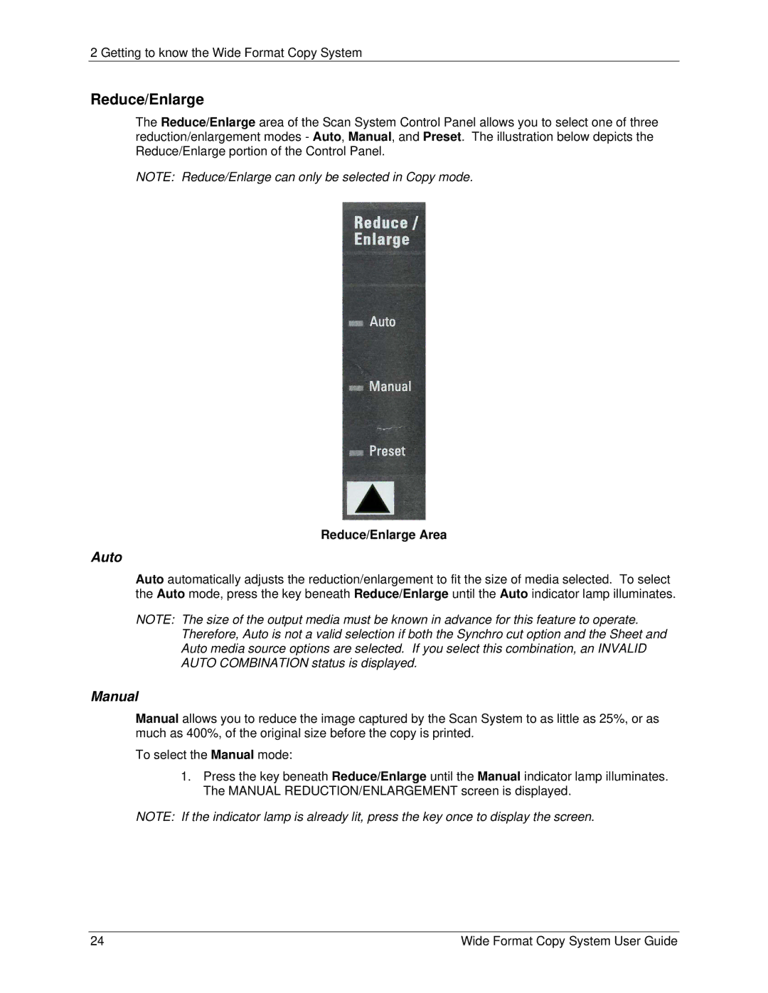 Xerox 6279, 5101 manual Auto, Manual, Reduce/Enlarge Area 