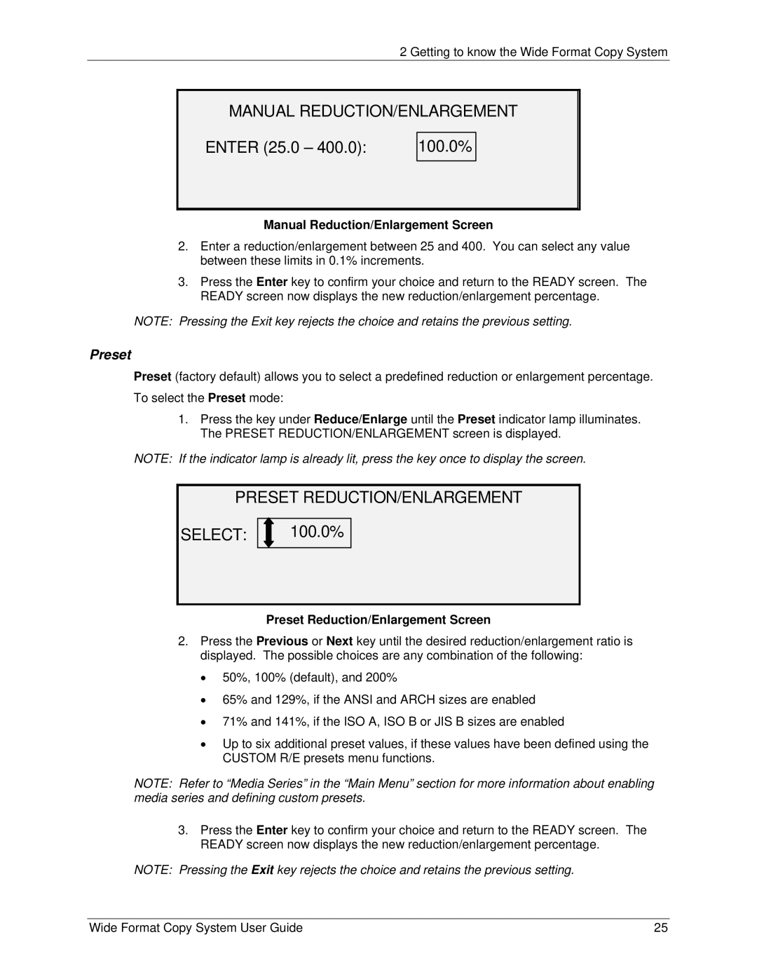 Xerox 5101 Manual REDUCTION/ENLARGEMENT, Manual Reduction/Enlargement Screen, Preset Reduction/Enlargement Screen 