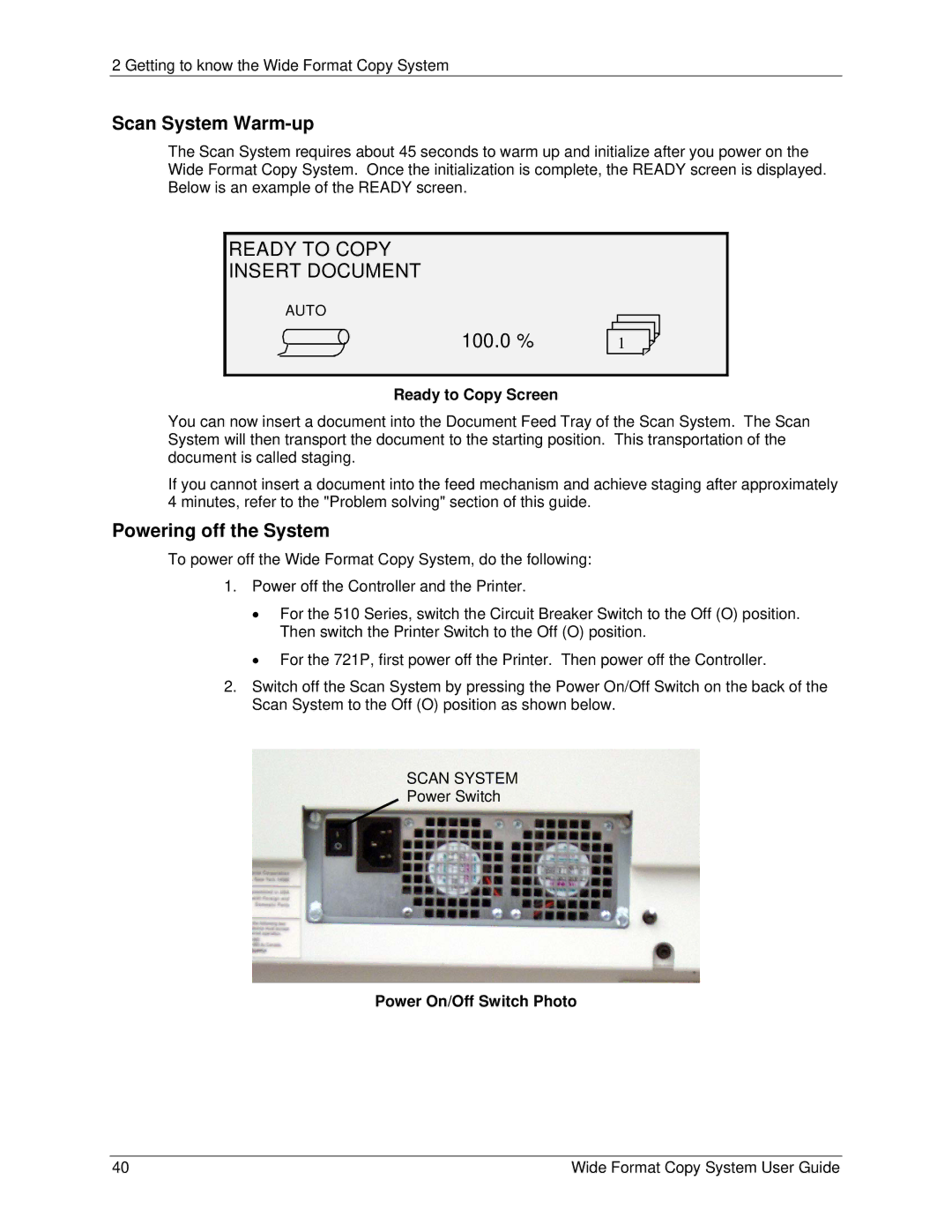 Xerox 6279, 5101 manual Ready to Copy Insert Document, Scan System Warm-up, Ready to Copy Screen, Power On/Off Switch Photo 