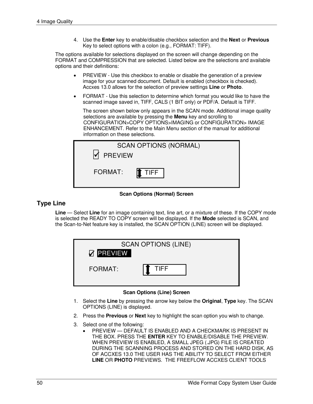 Xerox 6279, 5101 manual Scan Options Normal Preview Format Tiff, Scan Options Line 9 Preview Format Tiff, Type Line 