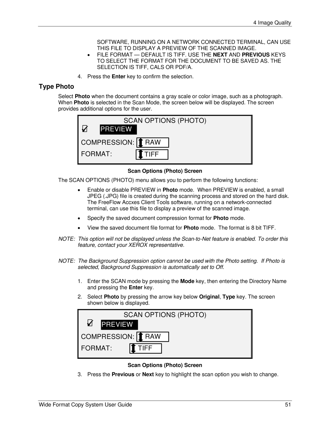 Xerox 5101, 6279 manual Scan Options Photo Preview Compression RAW Format Tiff, Type Photo 