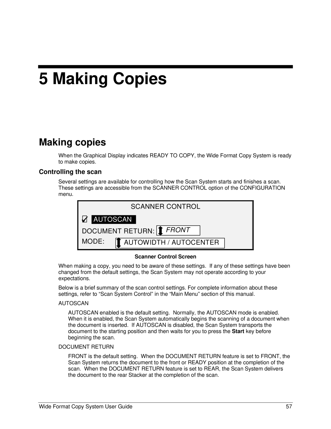 Xerox 5101 Making Copies, Making copies, Scanner Control, Autoscan, Document Return Front Mode Autowidth / Autocenter 