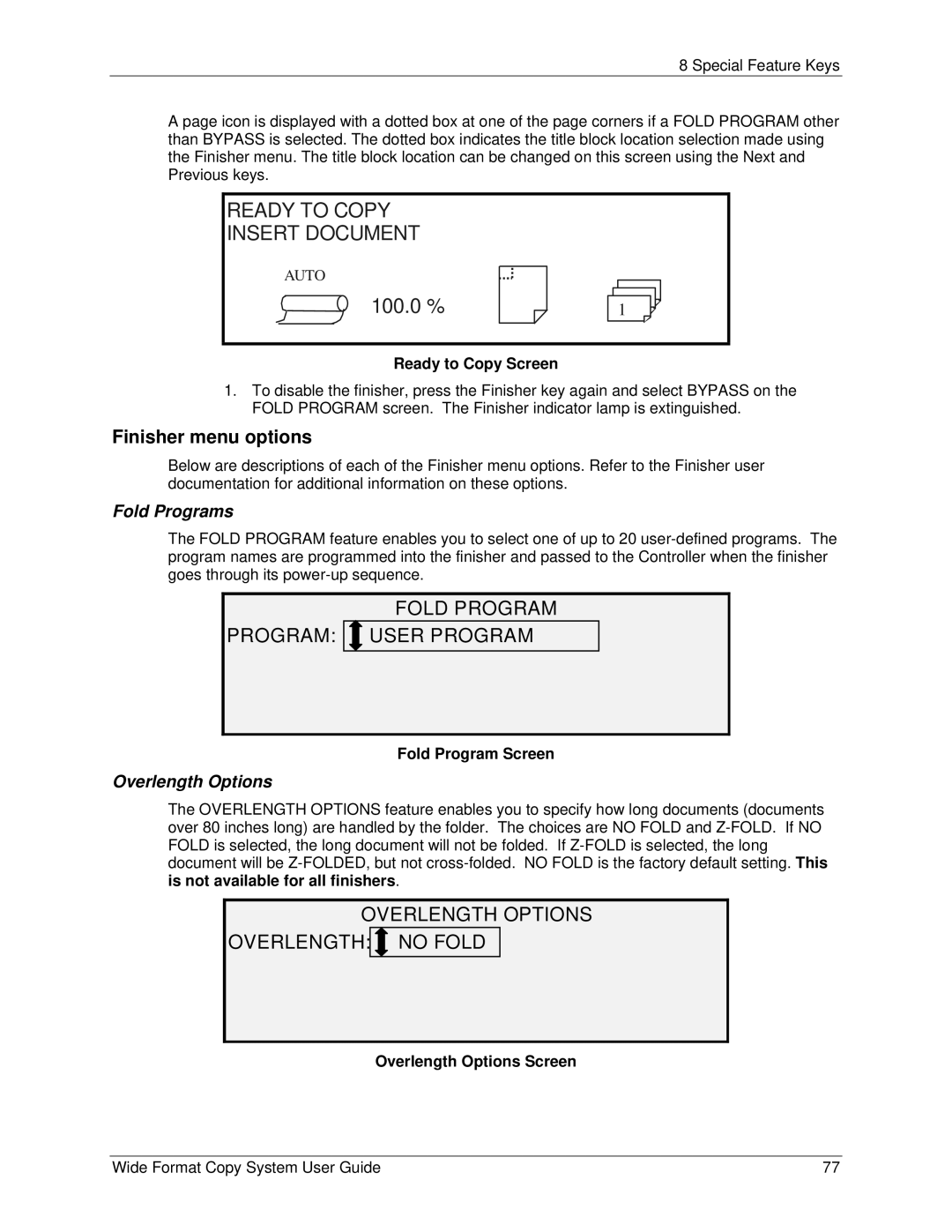 Xerox 5101 Fold Program Program User Program, Overlength Options Overlength no Fold, Finisher menu options, Fold Programs 