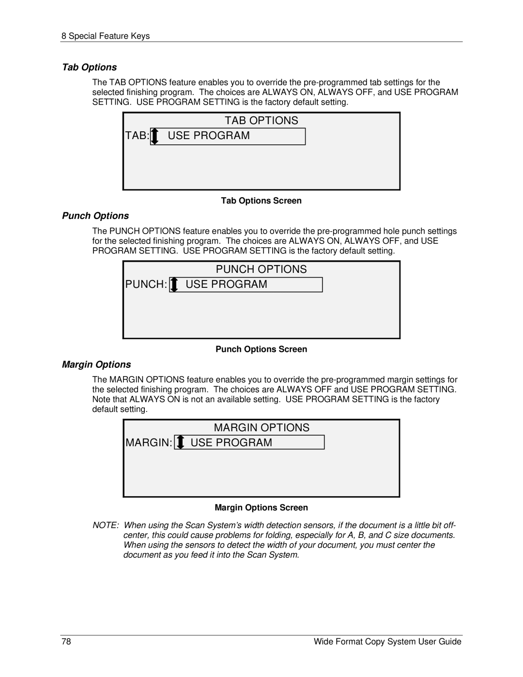 Xerox 6279, 5101 manual TAB Options TAB USE Program, Punch Options Punch USE Program, Margin Options Margin USE Program 