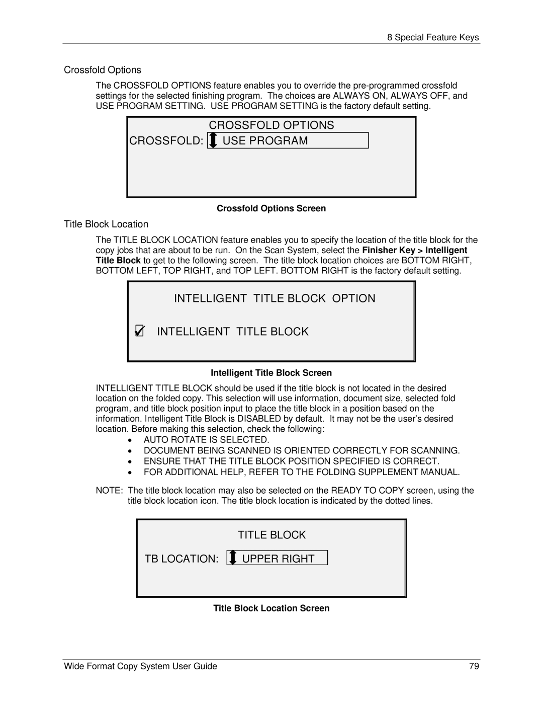 Xerox 5101, 6279 manual Crossfold Options Crossfold USE Program, Intelligent Title Block Option, Title Block Location 