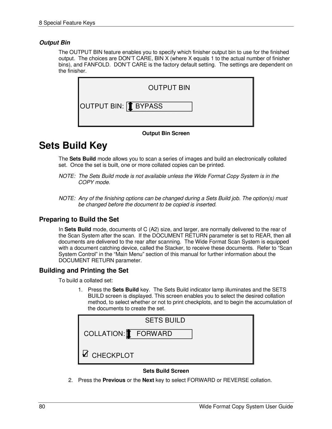 Xerox 6279, 5101 manual Sets Build Key, Output BIN Output BIN Bypass, Sets Build Collation Forward Checkplot 