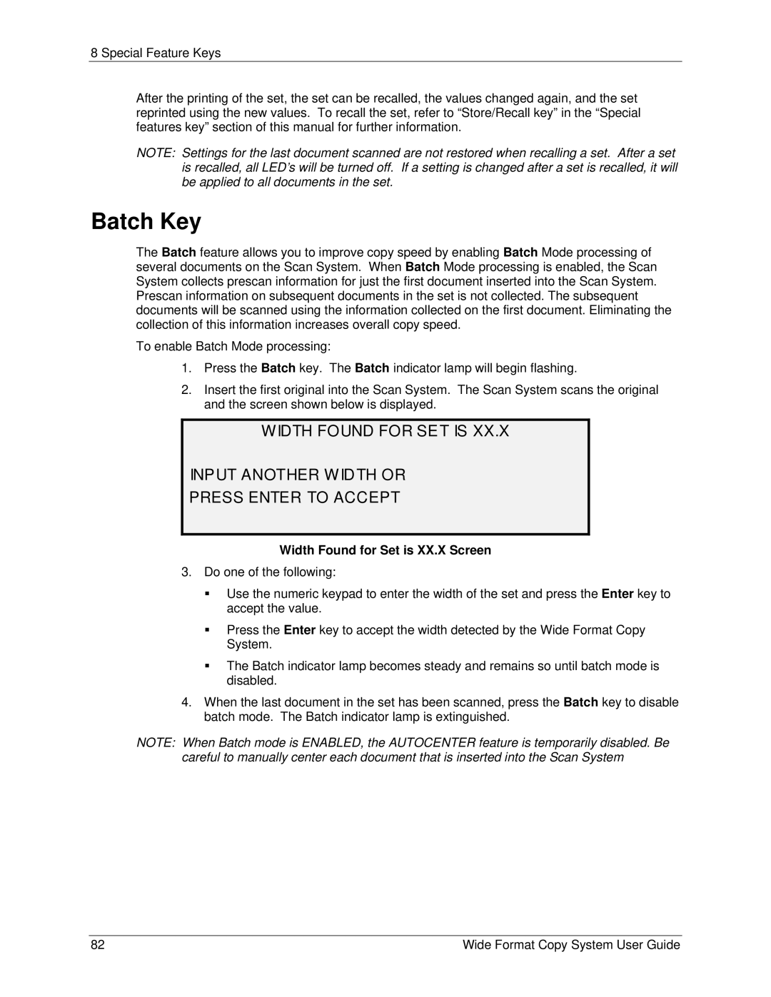 Xerox 6279, 5101 manual Batch Key, Width Found for Set is XX.X Screen 
