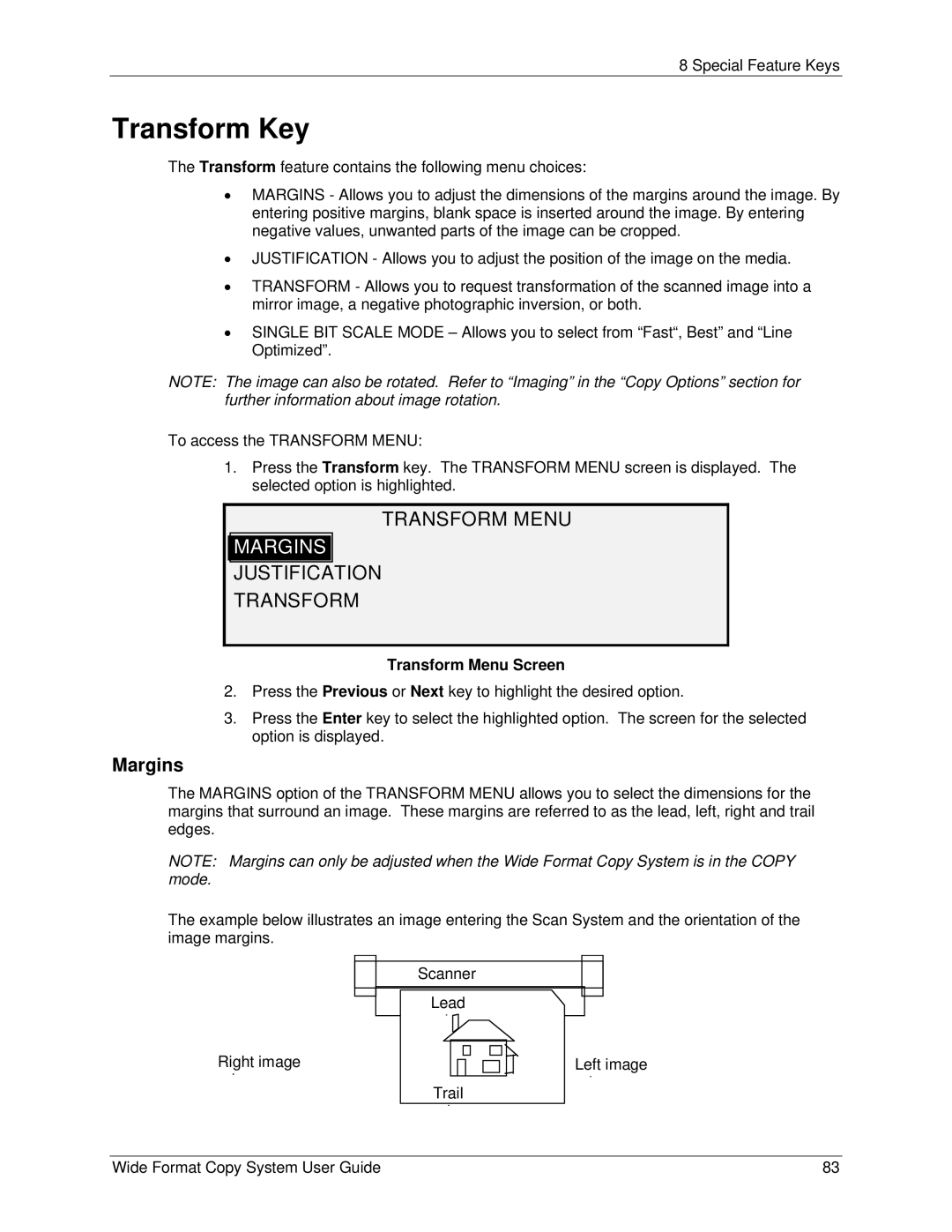 Xerox 5101, 6279 manual Transform Key, Transform Menu, Margins, Justification Transform 