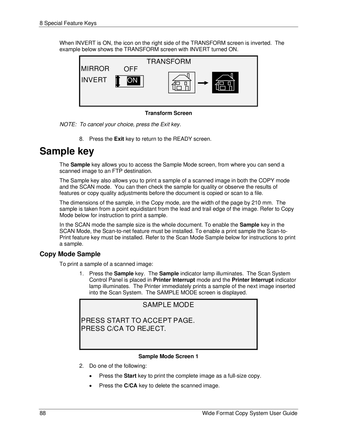 Xerox 6279, 5101 Sample key, Sample Mode Press Start to Accept Press C/CA to Reject, Copy Mode Sample, Sample Mode Screen 