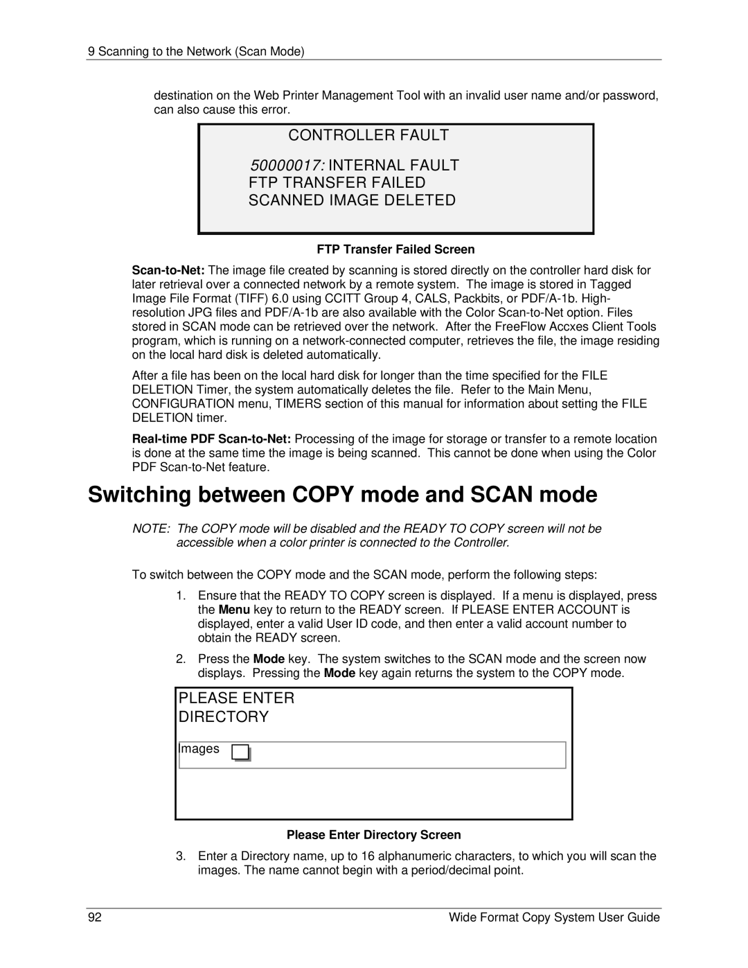 Xerox 6279, 5101 manual Switching between Copy mode and Scan mode, Please Enter Directory, FTP Transfer Failed Screen 