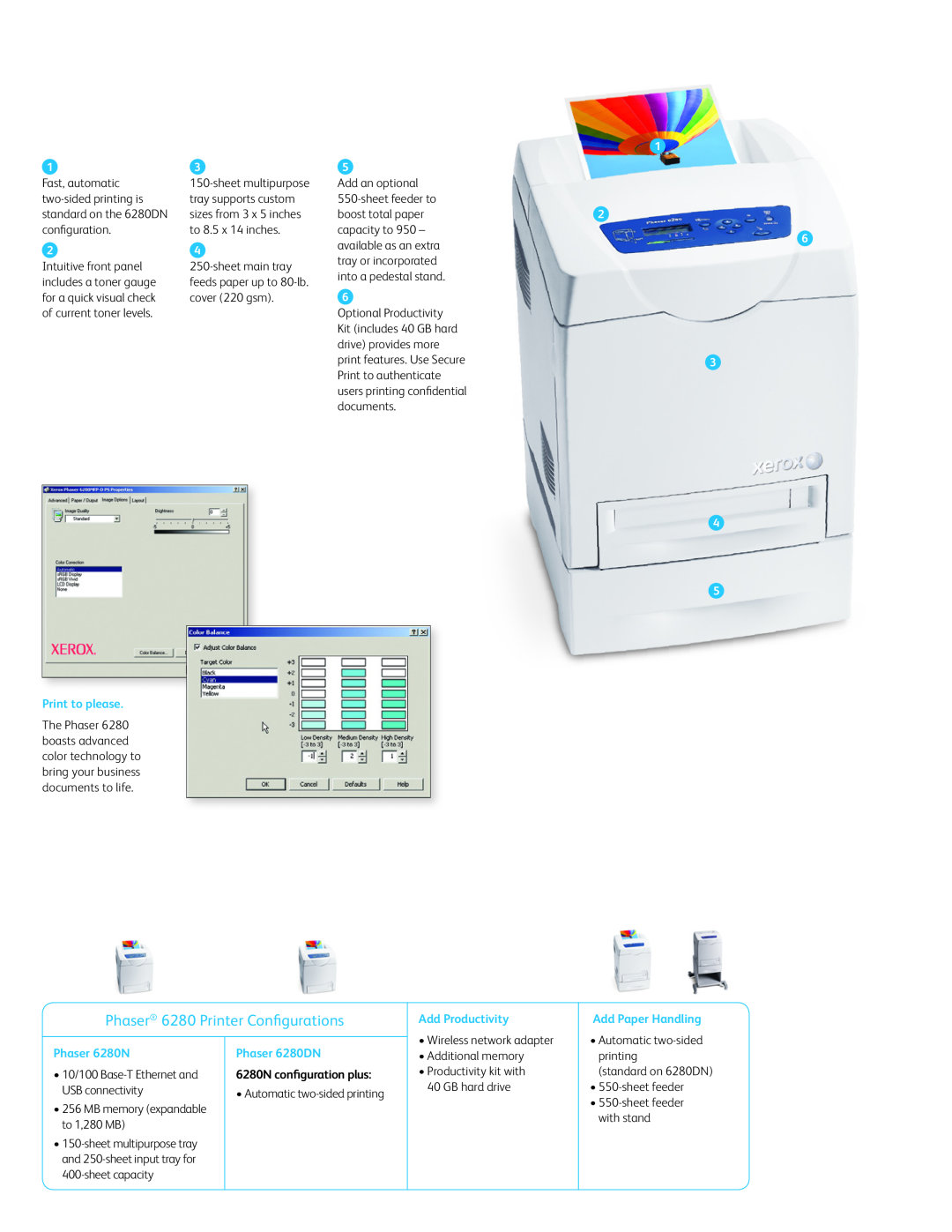 Xerox 6280DN Phaser 6280 Printer Configurations, Print to please, Add Productivity, Add Paper Handling, Phaser 6280N 