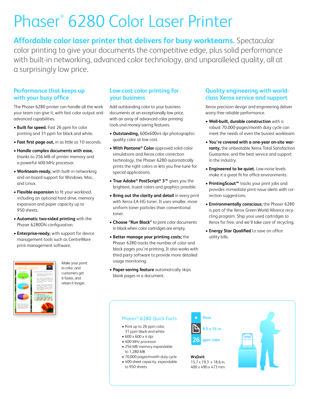 Xerox 6280N, 6280DN manual Phaser 6280 Quick Facts, Print X 14 in ppm color, WxDxH 
