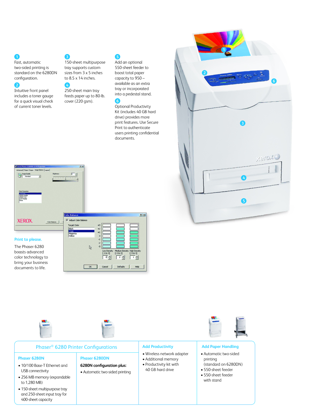 Xerox 6280DN Phaser 6280 Printer Configurations, Print to please, Add Productivity Add Paper Handling Phaser 6280N 