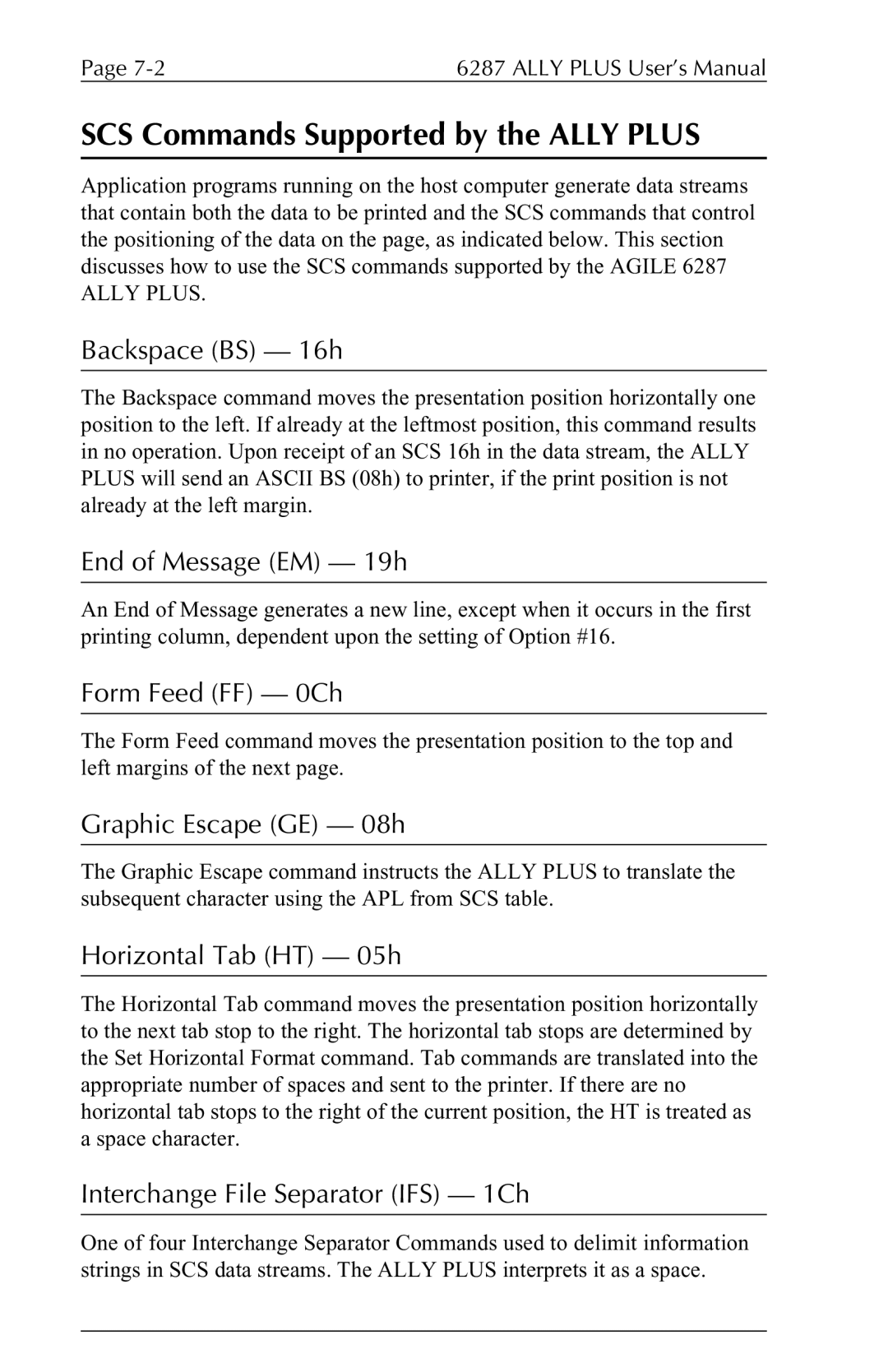 Xerox 6287 user manual SCS Commands Supported by the Ally Plus 