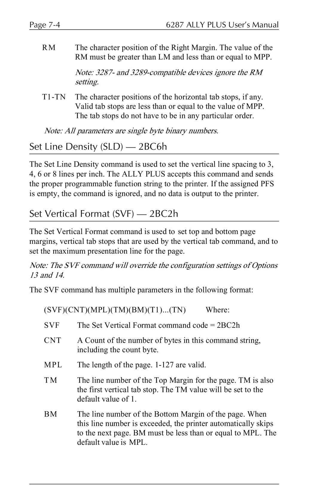 Xerox 6287 user manual Set Line Density SLD 2BC6h, Set Vertical Format SVF 2BC2h, T1-TN, Svf, Mpl 