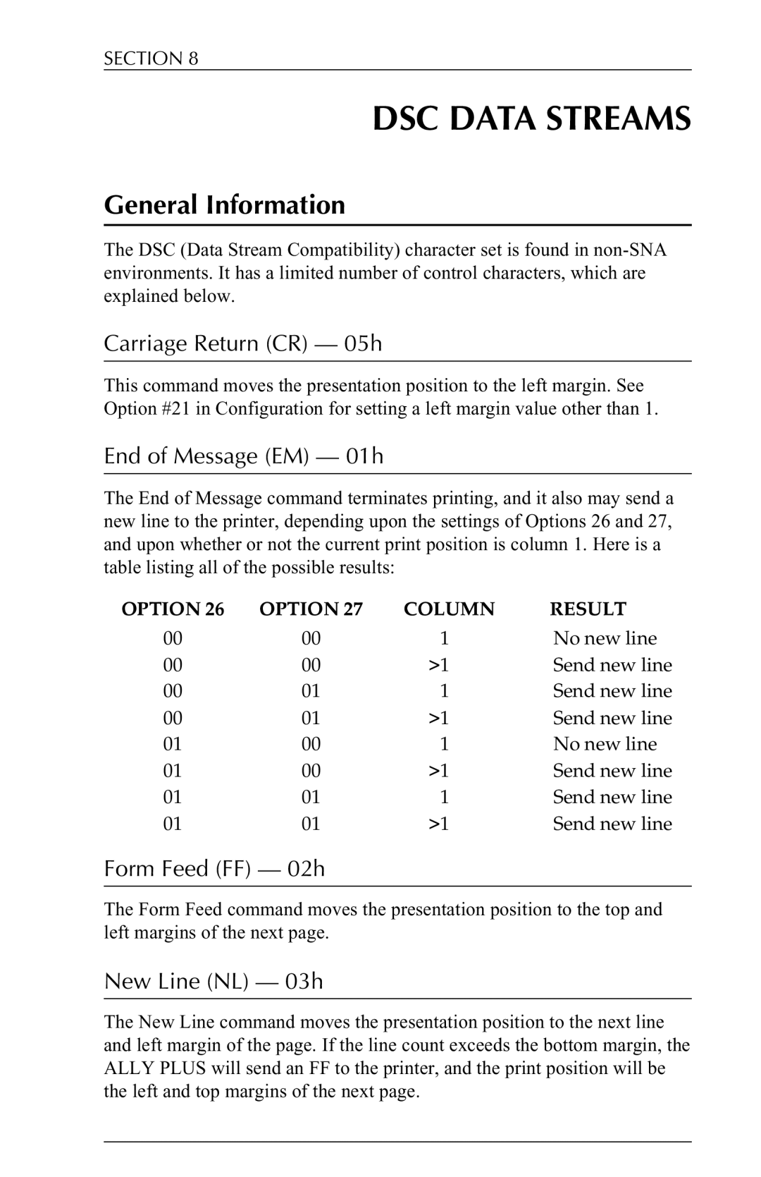 Xerox 6287 user manual Carriage Return CR 05h, End of Message EM 01h, Form Feed FF 02h, New Line NL 03h 