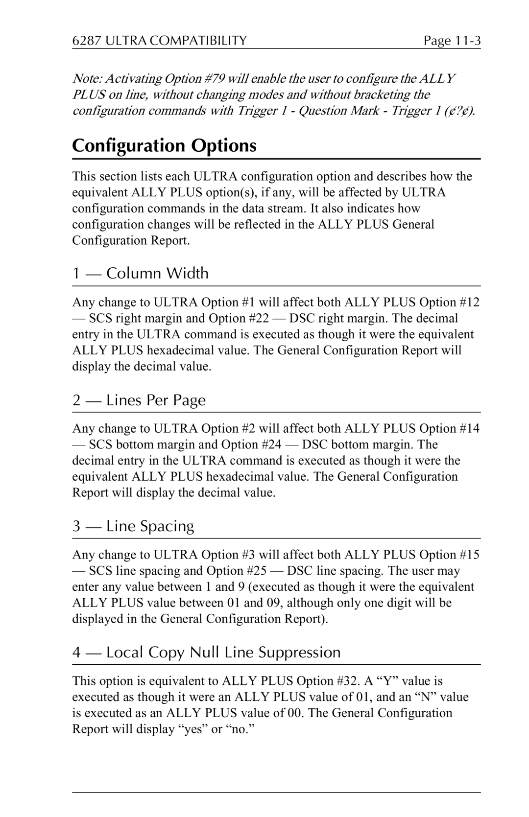 Xerox 6287 user manual Configuration Options, Column Width, Lines Per, Line Spacing, Local Copy Null Line Suppression 