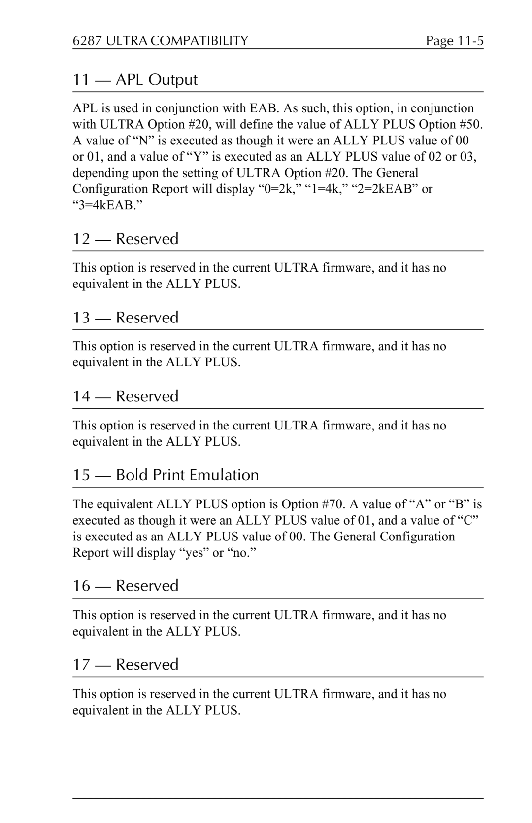 Xerox 6287 user manual APL Output, Bold Print Emulation 