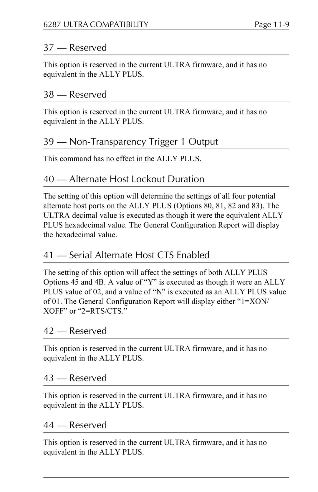 Xerox 6287 Non-Transparency Trigger 1 Output, Alternate Host Lockout Duration, Serial Alternate Host CTS Enabled 