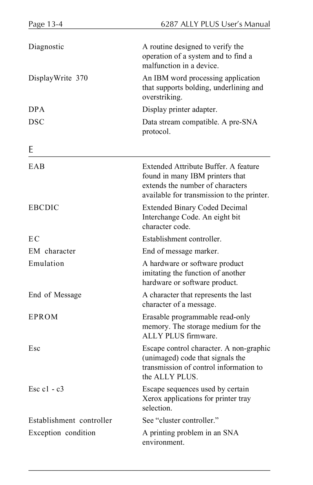 Xerox 6287 user manual Dpa, Dsc, Eab, Ebcdic, Eprom 