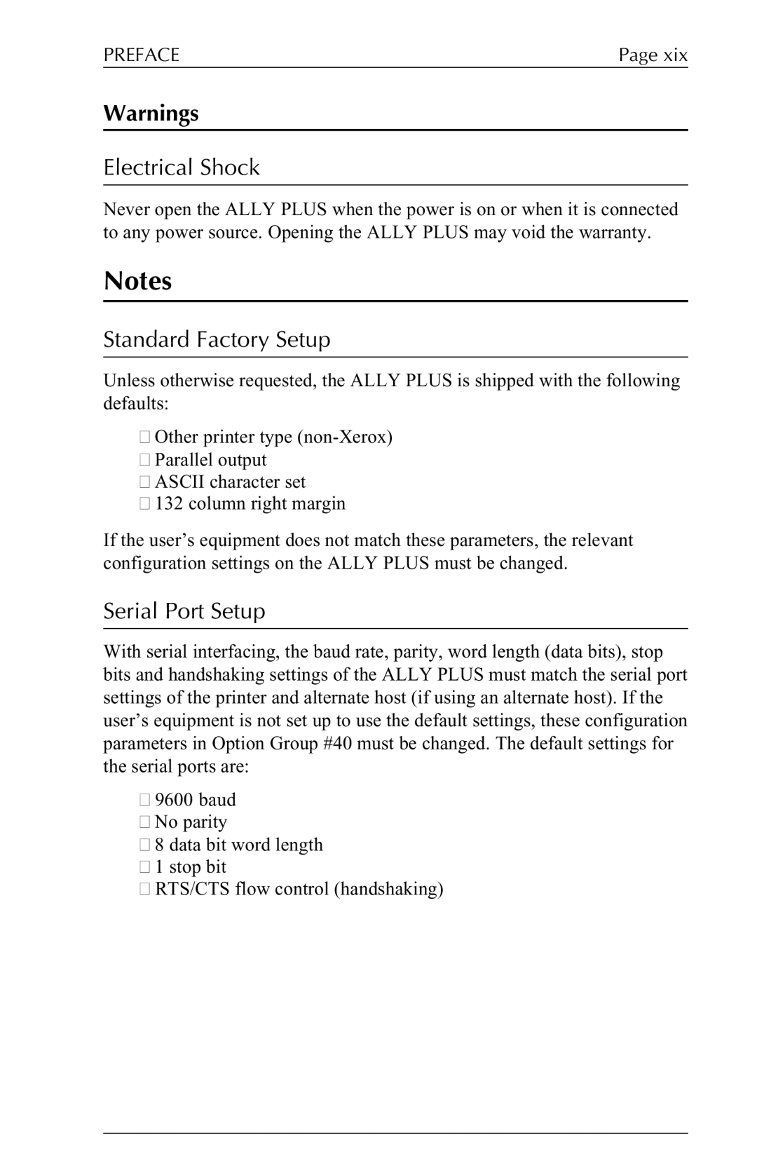 Xerox 6287 user manual Electrical Shock, Standard Factory Setup, Serial Port Setup 