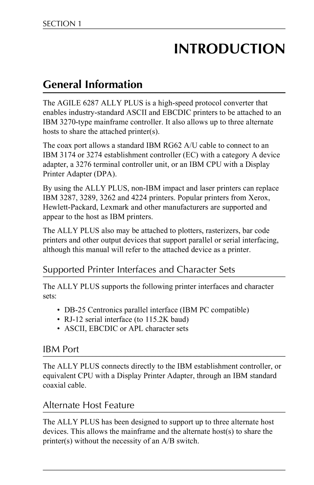 Xerox 6287 General Information, Supported Printer Interfaces and Character Sets, IBM Port, Alternate Host Feature 