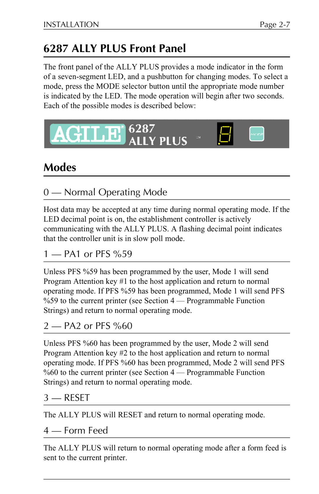 Xerox 6287 user manual Ally Plus Front Panel, Modes 