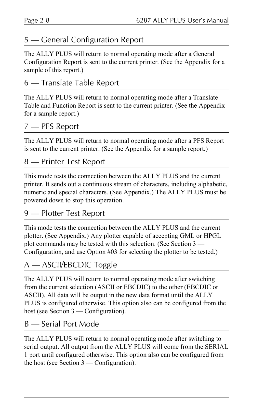 Xerox 6287 General Configuration Report, Translate Table Report, PFS Report, Printer Test Report, Plotter Test Report 