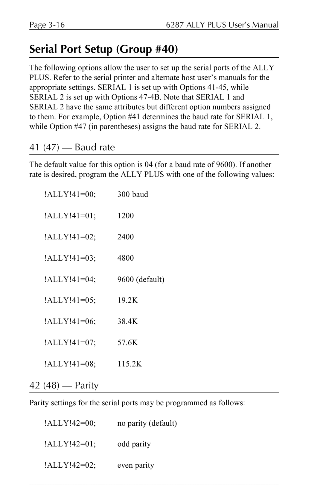 Xerox 6287 user manual Serial Port Setup Group #40, 41 47 Baud rate, 42 48 Parity 