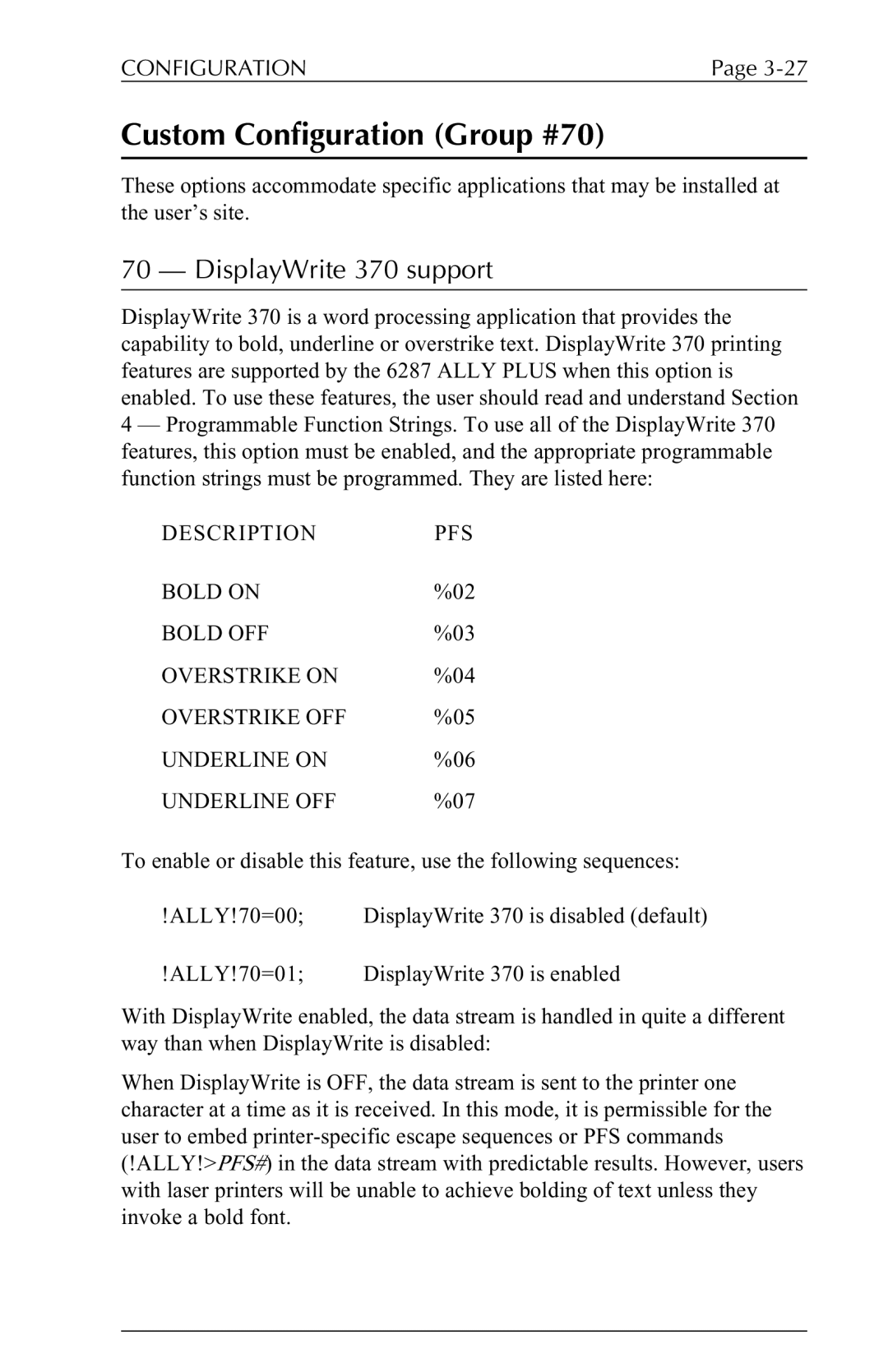 Xerox 6287 user manual Custom Configuration Group #70, DisplayWrite 370 support 