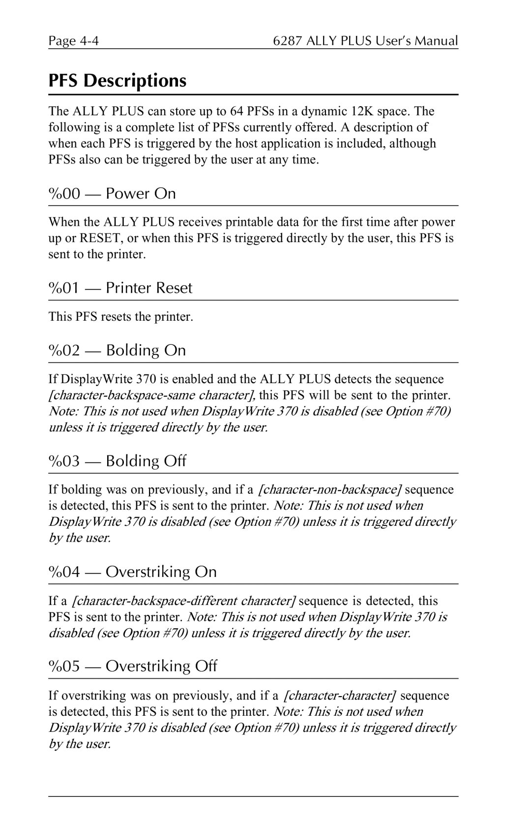 Xerox 6287 user manual PFS Descriptions 