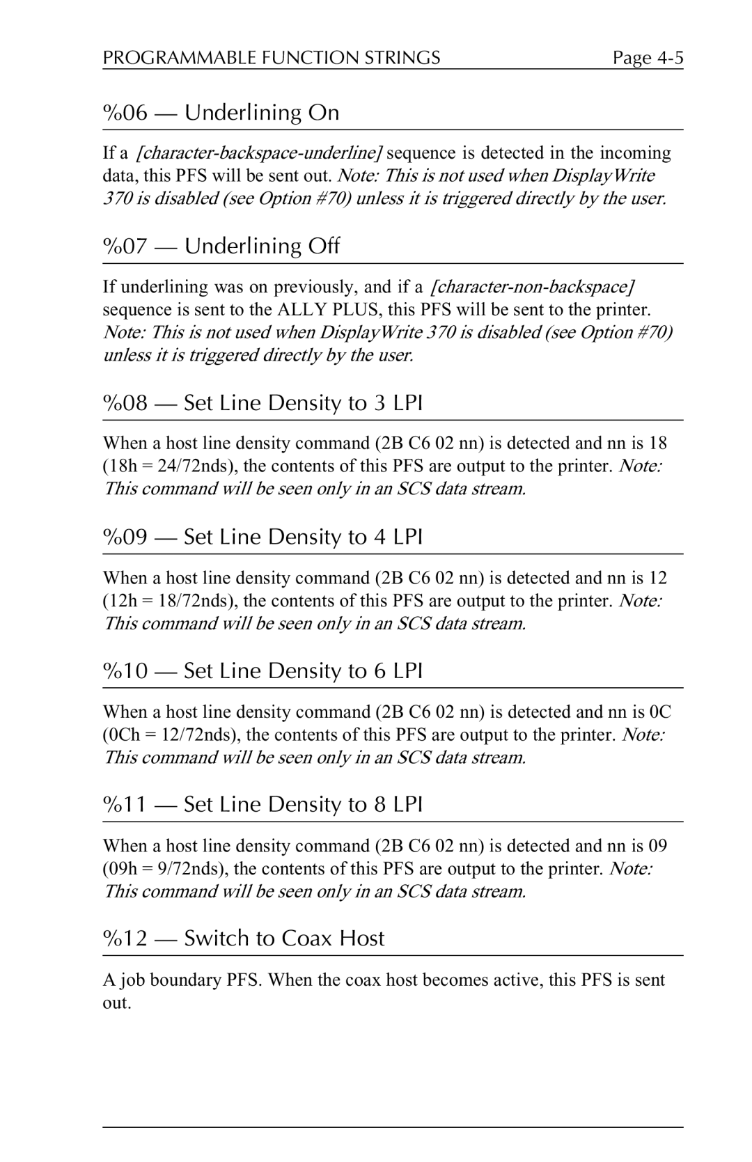 Xerox 6287 Underlining On, Underlining Off, Set Line Density to 3 LPI, Set Line Density to 4 LPI, Switch to Coax Host 