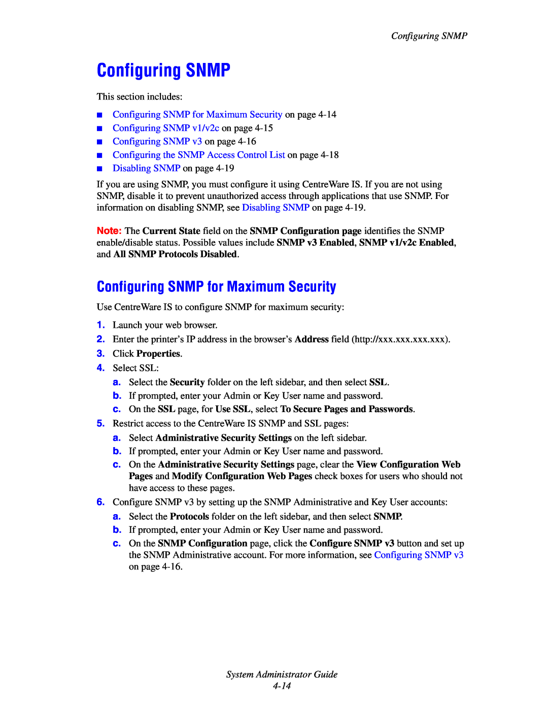 Xerox 6300, 6350, 8500, 8550 manual Configuring SNMP for Maximum Security on page, Configuring SNMP v1/v2c on page 
