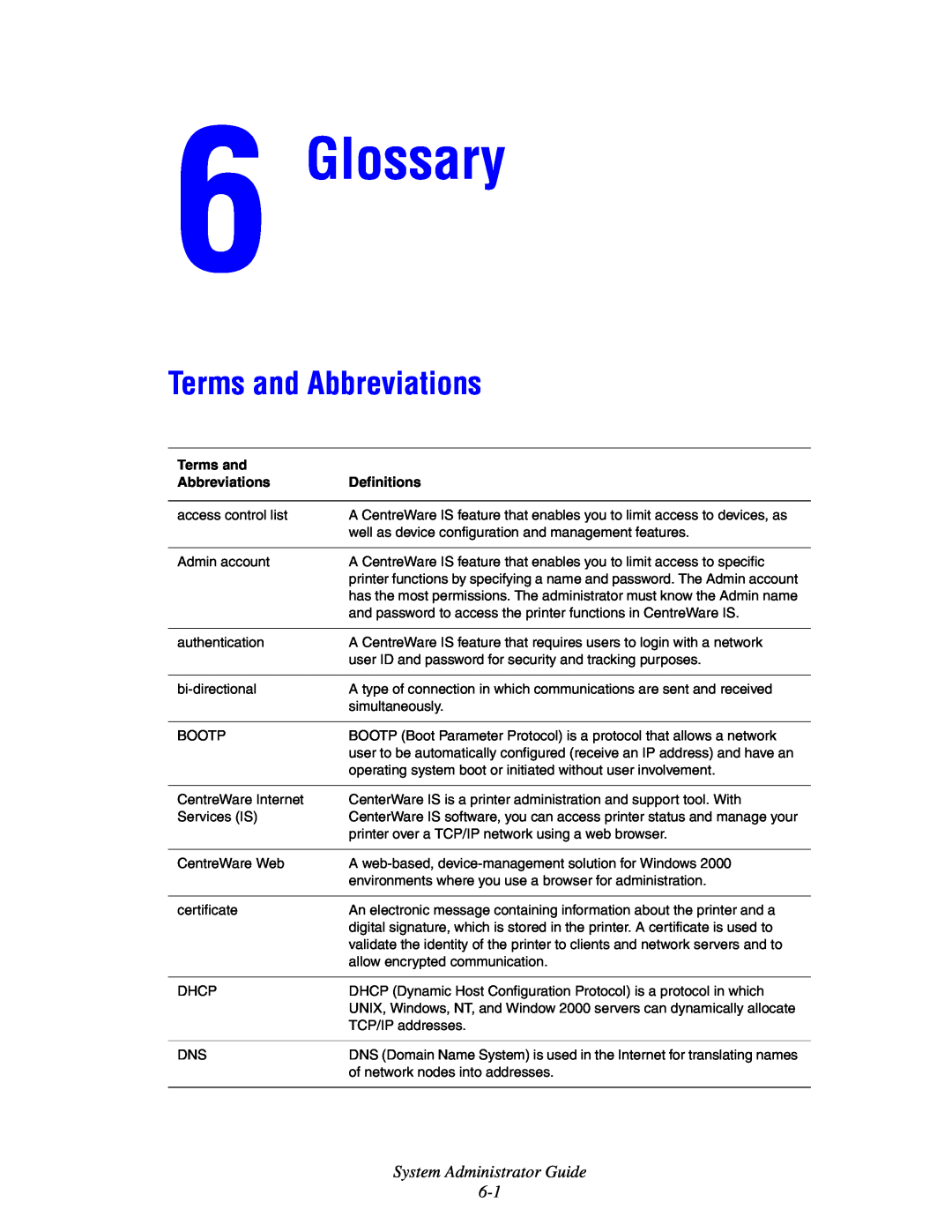 Xerox 6300, 6350, 8500, 8550 manual Glossary, Terms and Abbreviations, System Administrator Guide 6-1 